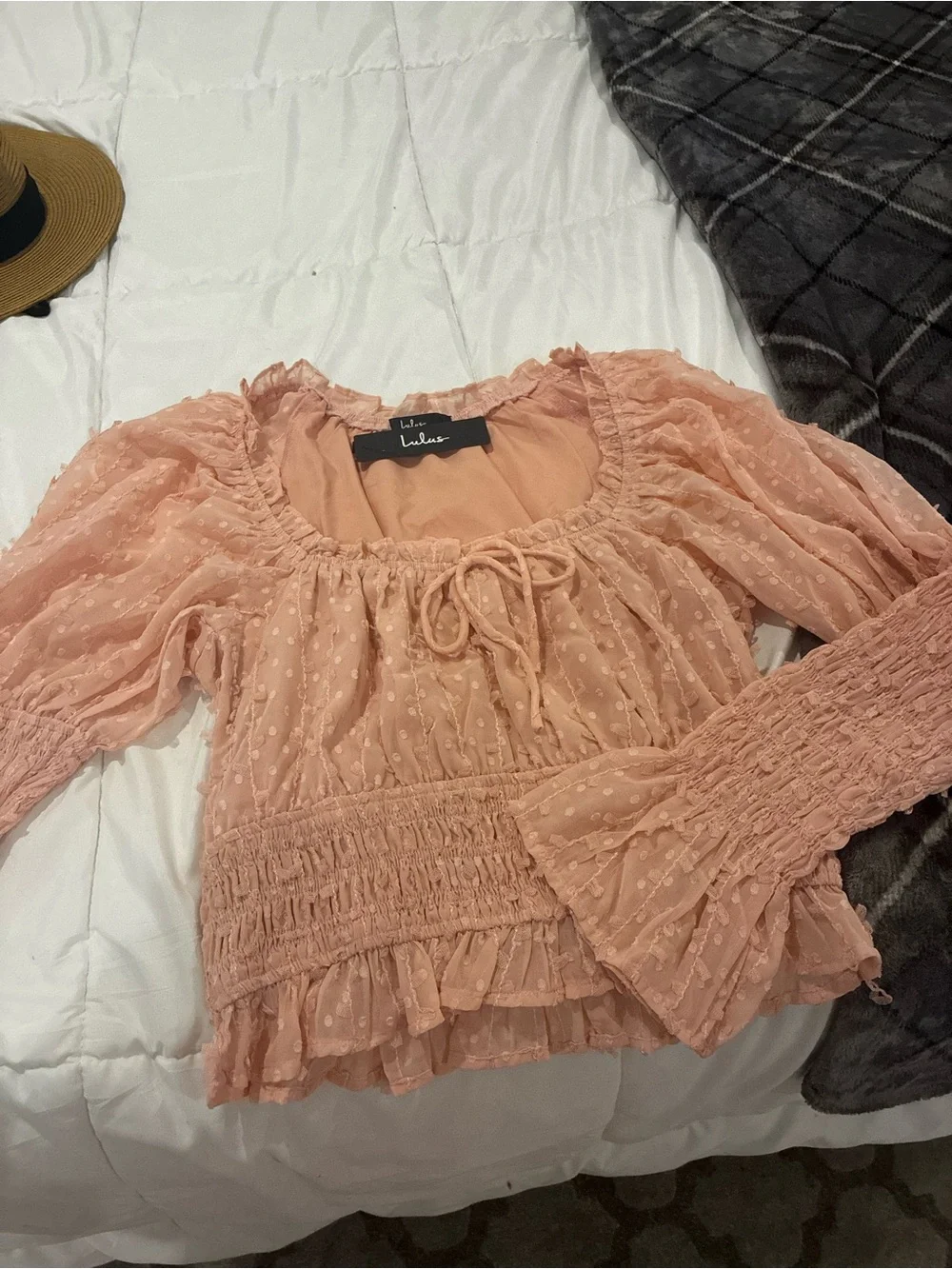Lulu's Blush Pink Swiss Dot Smocked Peasant Blouse